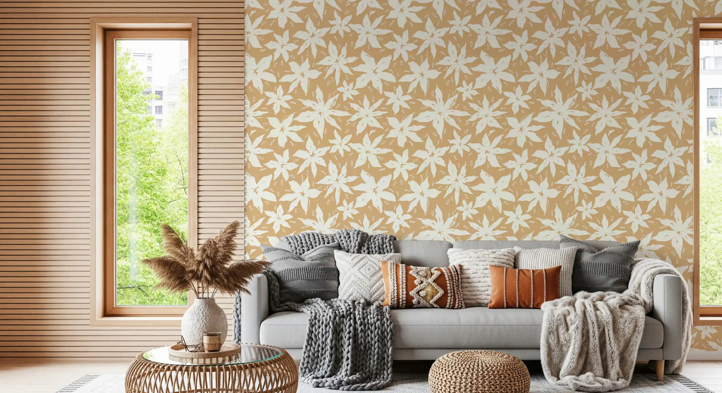 Papier peint à motif floral crème en forme de fleurs épanouies