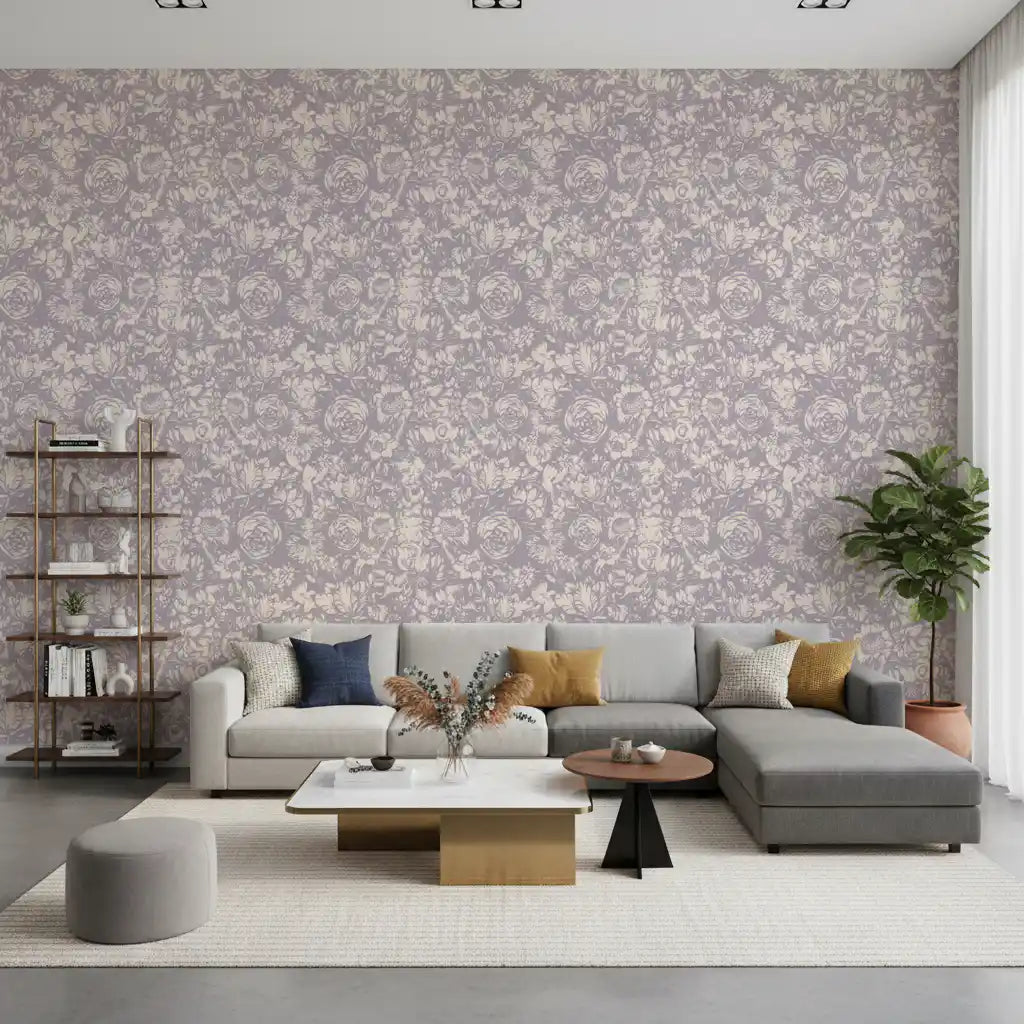 Monokromt blomstermotiv i graveringstil som tapet