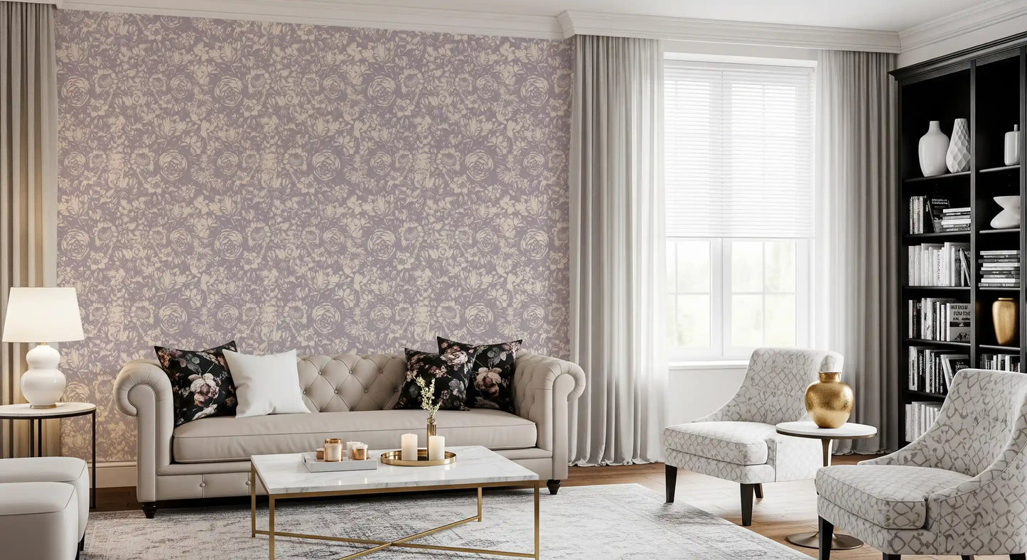 Monokromt blomstermotiv i graveringstil som tapet