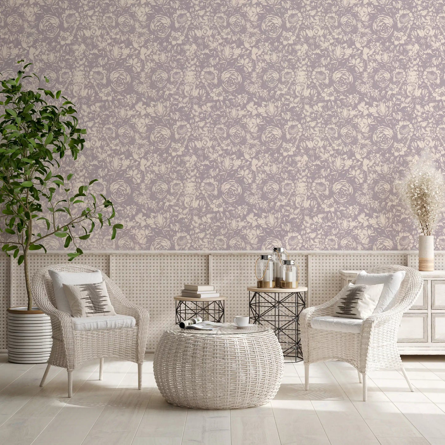 Monokromt blomstermotiv i graveringstil som tapet