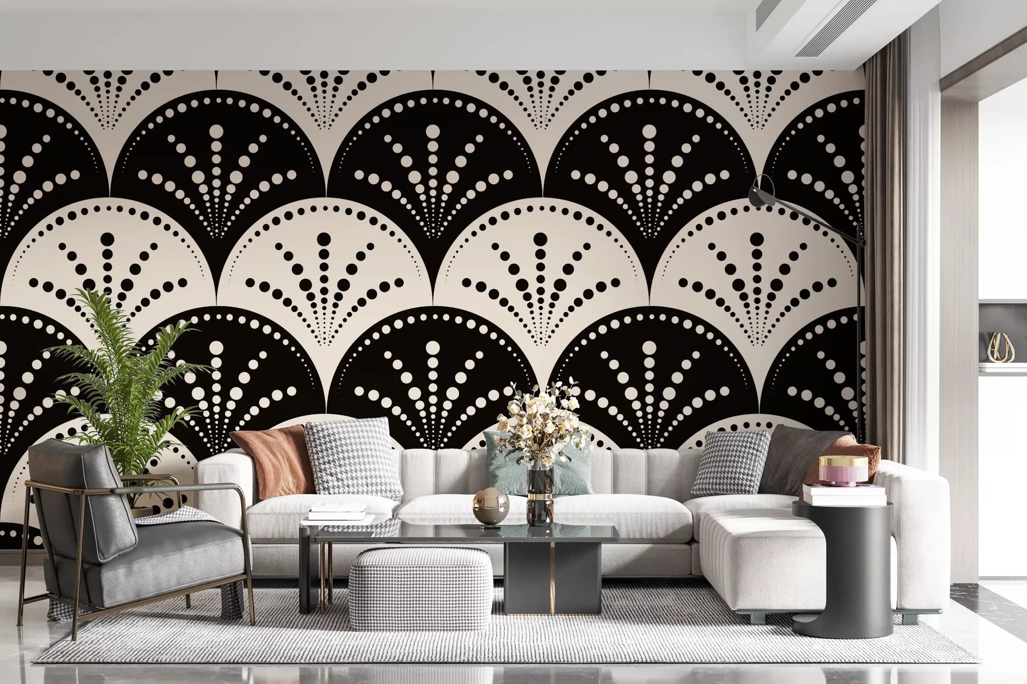 Bold ivory and black fans wrap a living room in geometric wallpaper GD11831