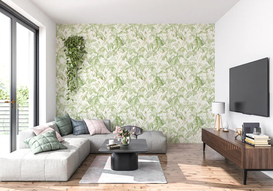 Botanisk tapet med illustration af en frodig eng