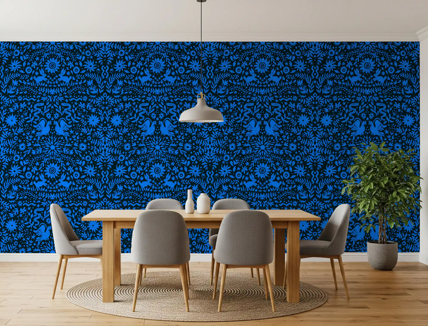 Papier peint à motif d’oiseau bleu et de lapin inspiré du folklore mexicain
