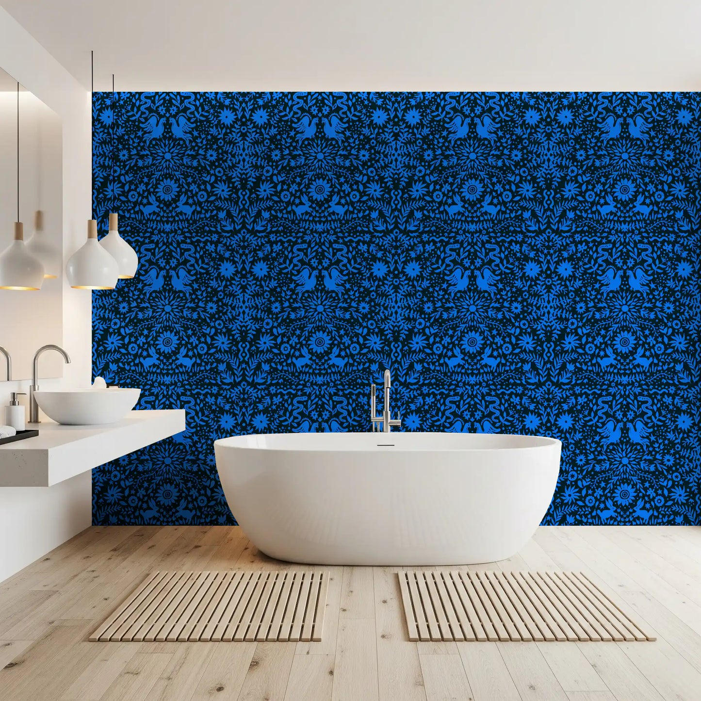Papier peint à motif d’oiseau bleu et de lapin inspiré du folklore mexicain