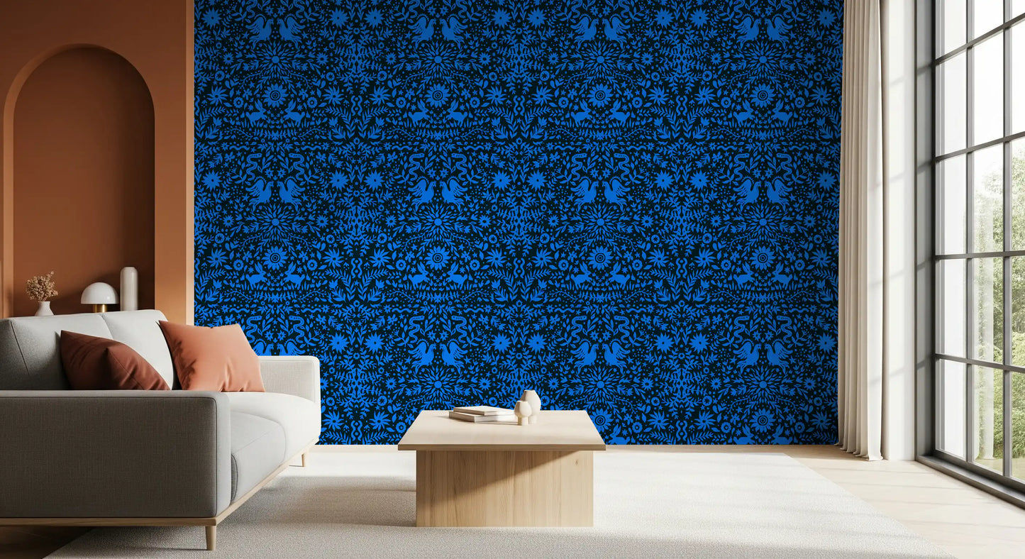 Papier peint à motif d’oiseau bleu et de lapin inspiré du folklore mexicain