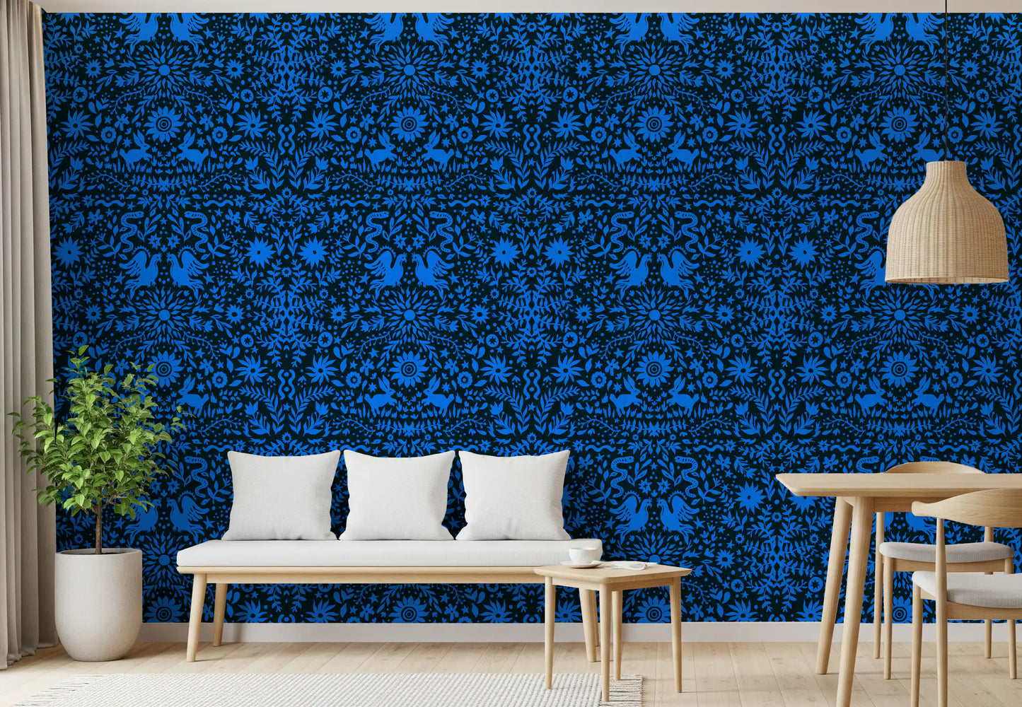 Papier peint à motif d’oiseau bleu et de lapin inspiré du folklore mexicain
