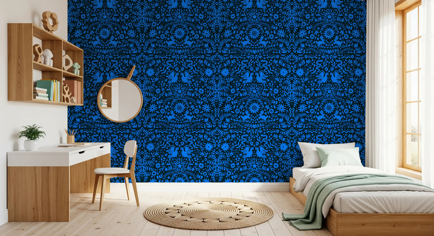 Papier peint à motif d’oiseau bleu et de lapin inspiré du folklore mexicain