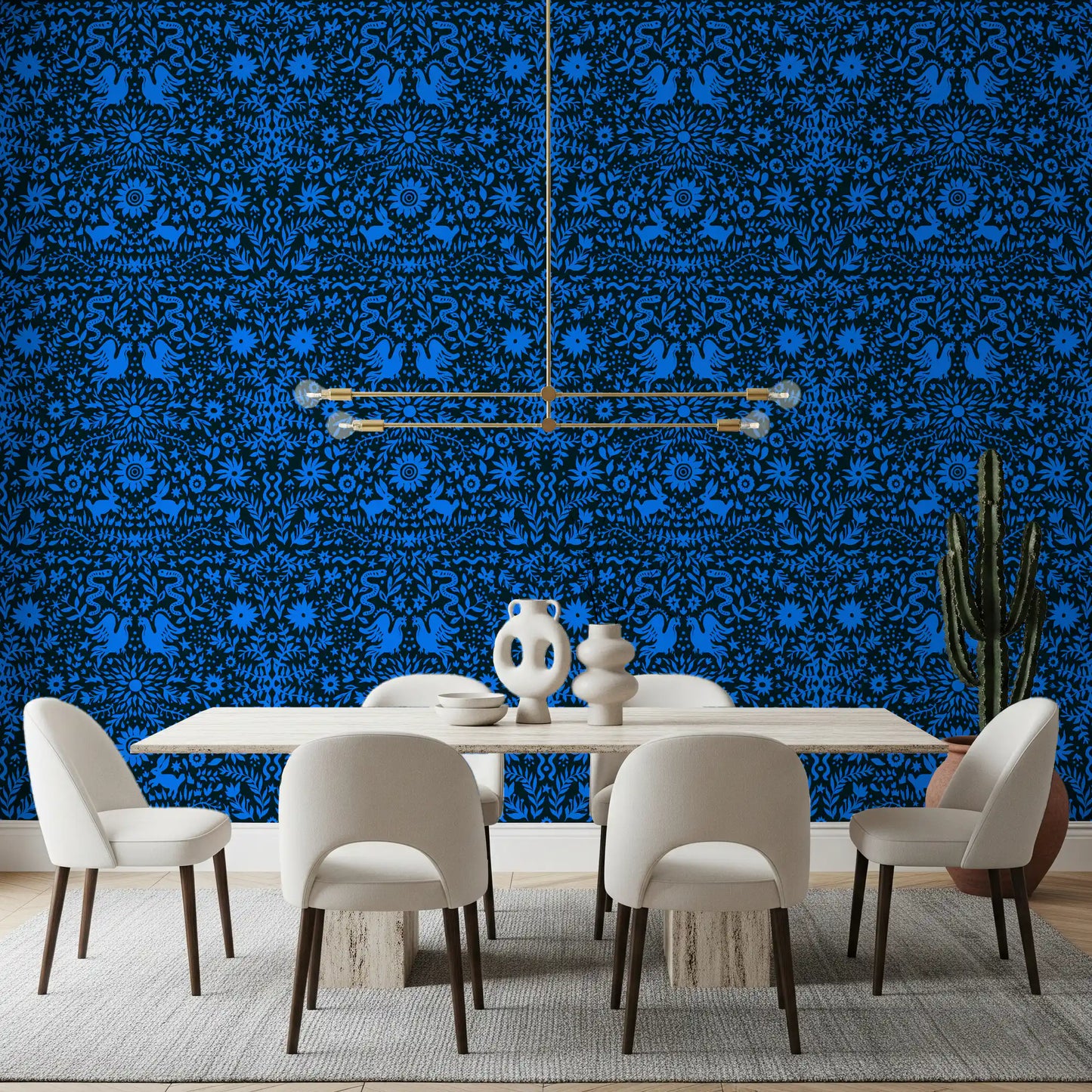 Papier peint à motif d’oiseau bleu et de lapin inspiré du folklore mexicain