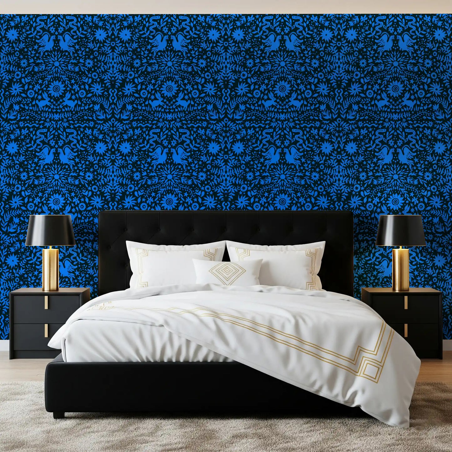 Papier peint à motif d’oiseau bleu et de lapin inspiré du folklore mexicain