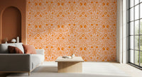 Orangefarbene, verspielte Tapete mit Waldtier-Muster