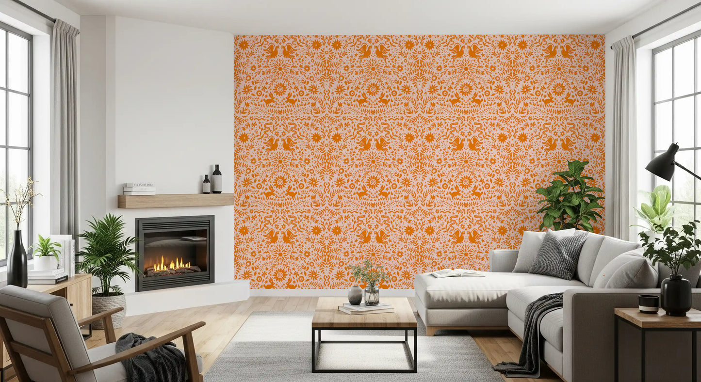 Orangefarbene, verspielte Tapete mit Waldtier-Muster