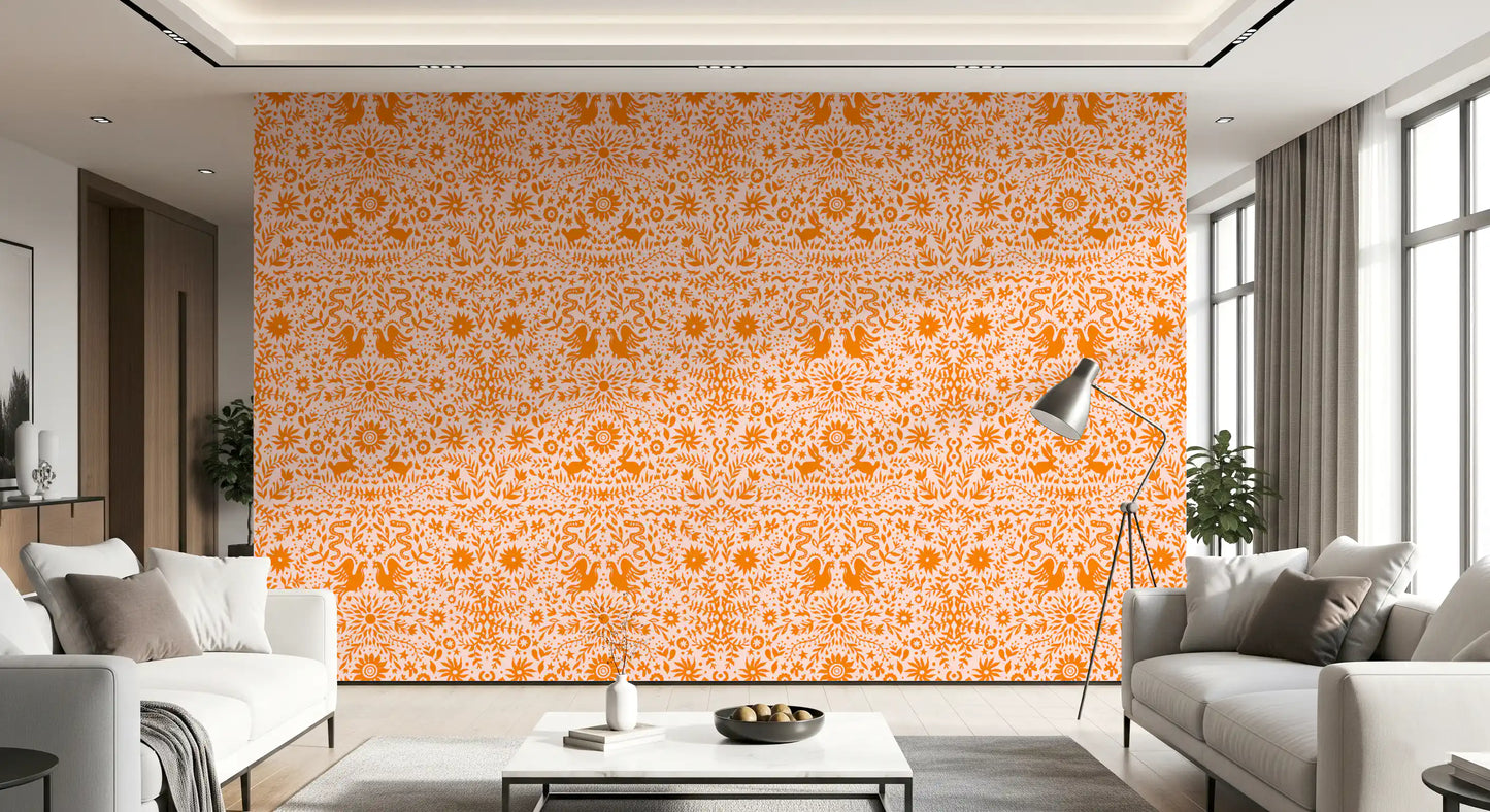 Orangefarbene, verspielte Tapete mit Waldtier-Muster