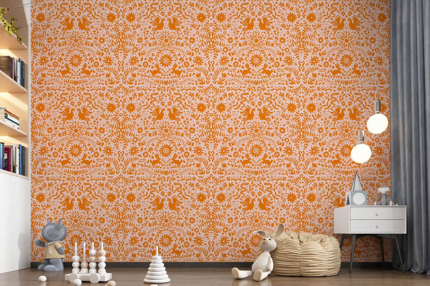 Orangefarbene, verspielte Tapete mit Waldtier-Muster