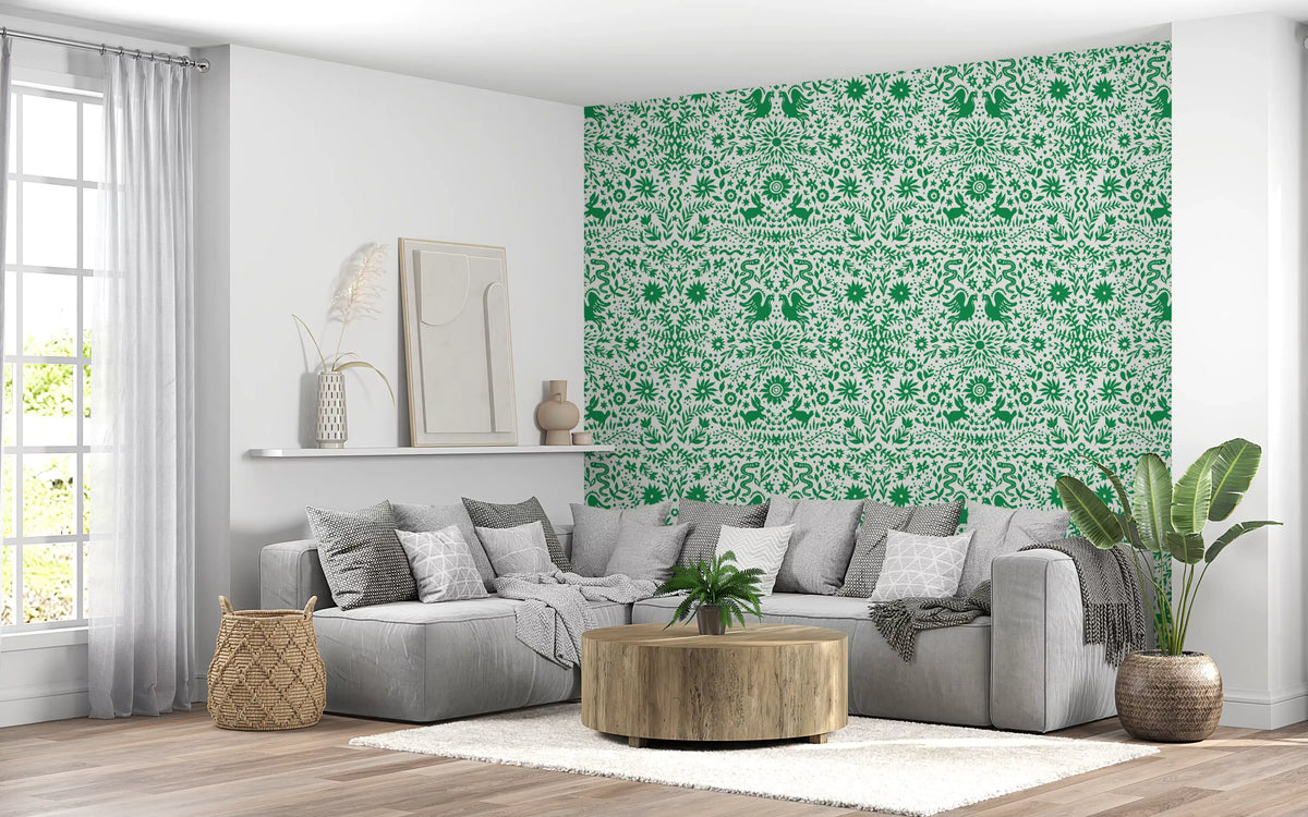 Whimsical Woodland Greenery wallpaper warms an open, airy living room GD11839