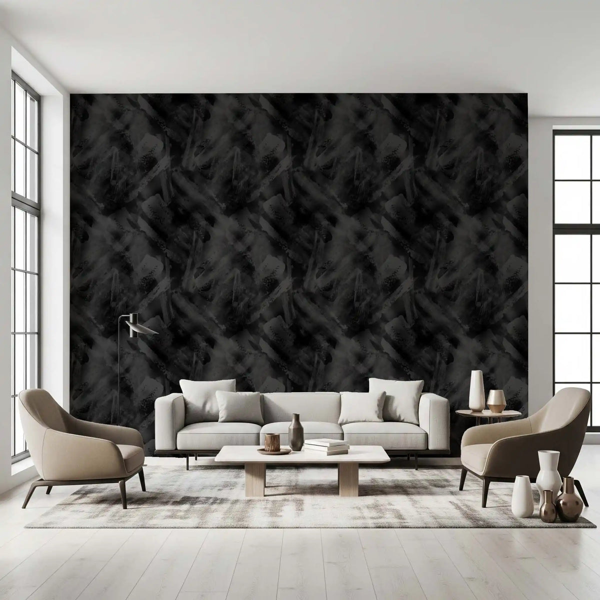 Black brushwork across a modern living room, monochromatic texture wallpaper GD11840