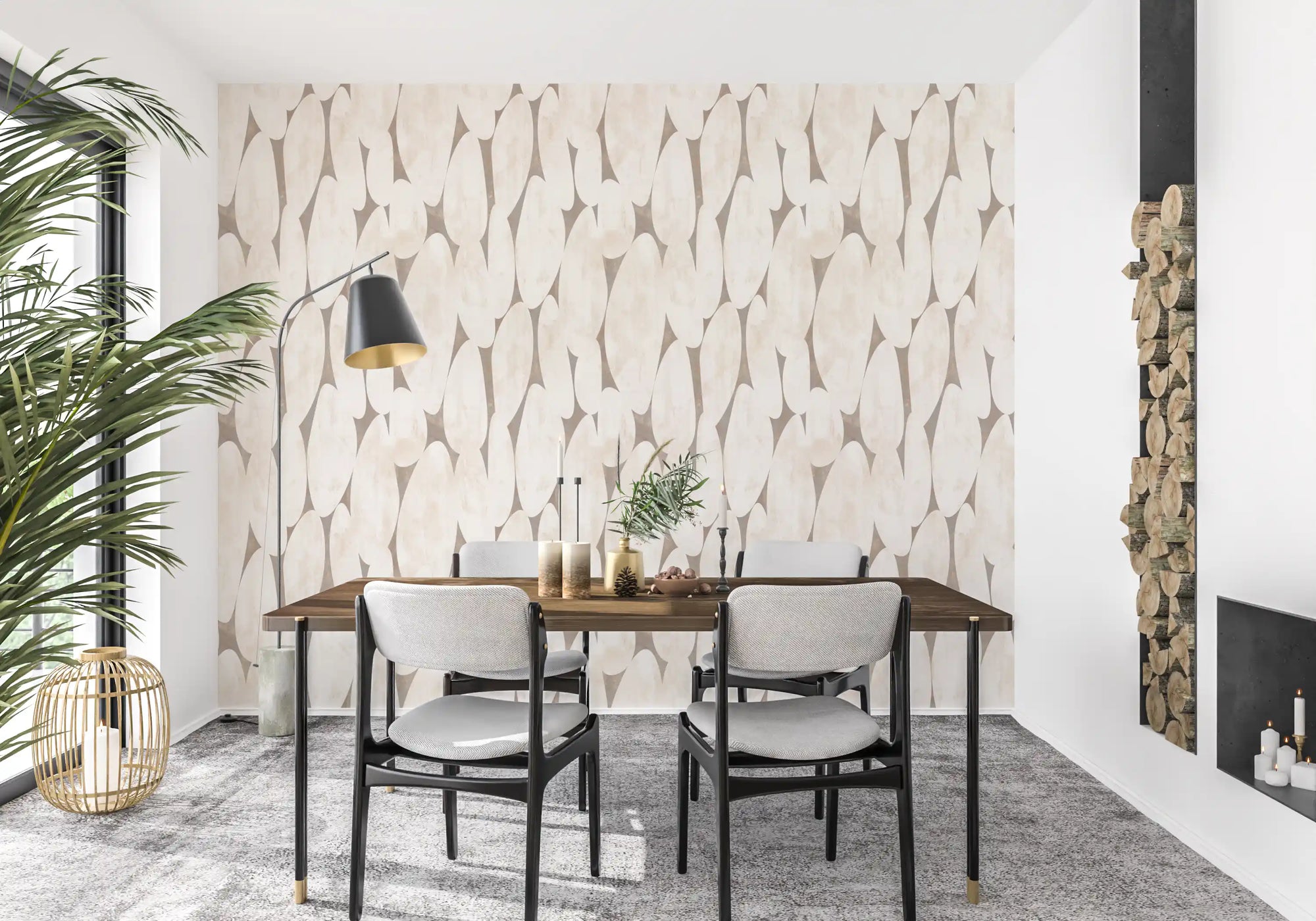 Abstrakt tapet med geometriske former i creme og taupe