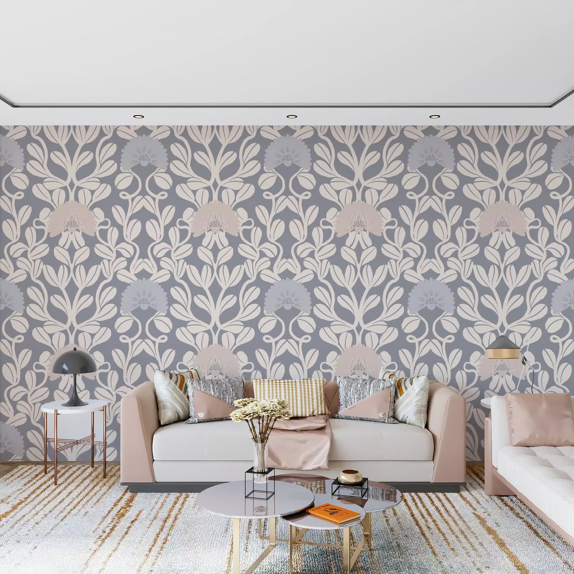 Grey damask florals in a warm living room, cream floral wallpaper GD11849