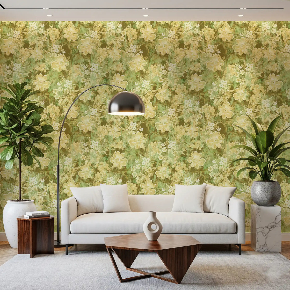 Textured floral wallpaper wrapping a quiet hallway corner GD11858