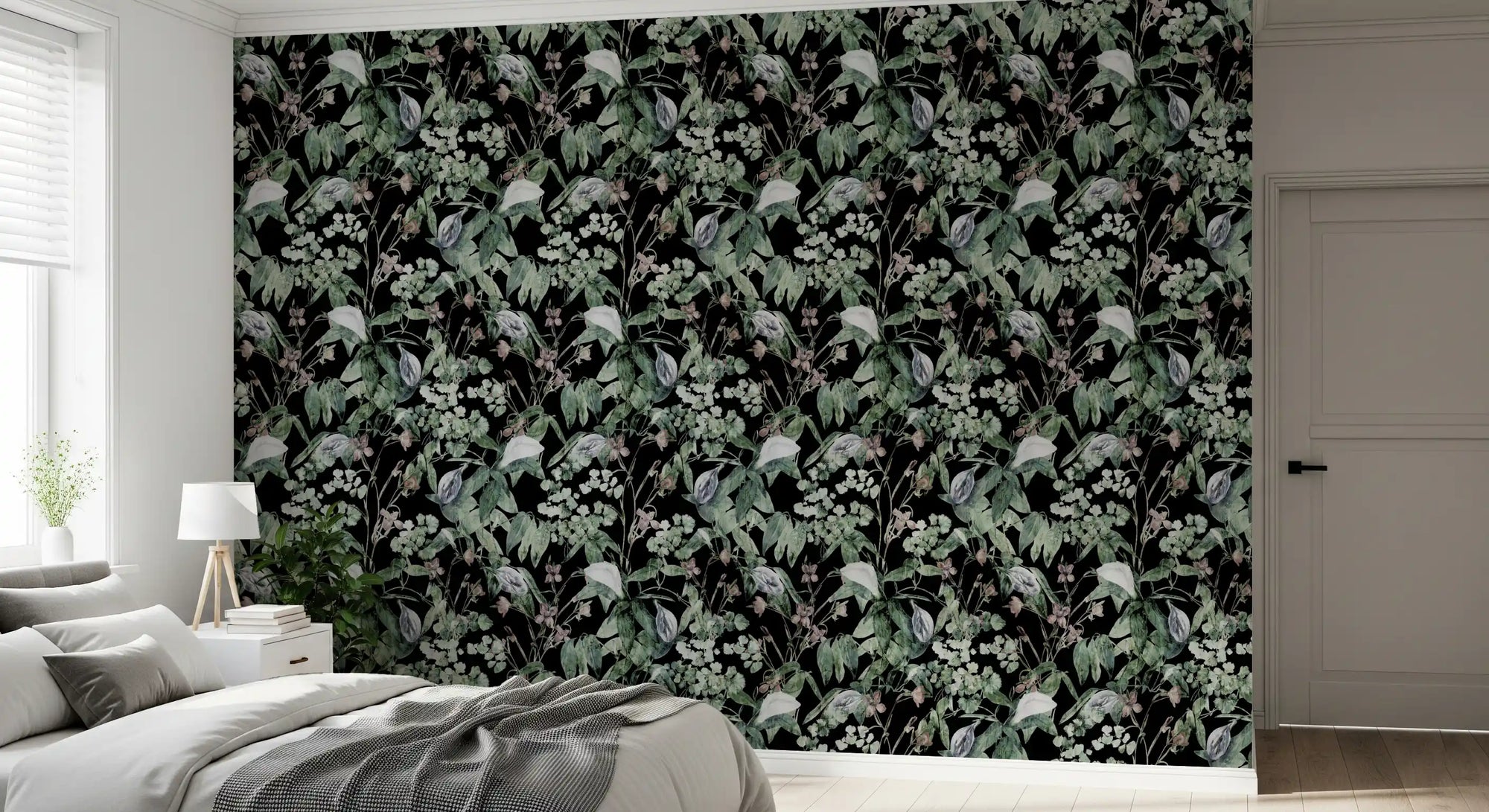 Bedroom feature of the midnight botanical sketch wallpaper in dark green GD11864