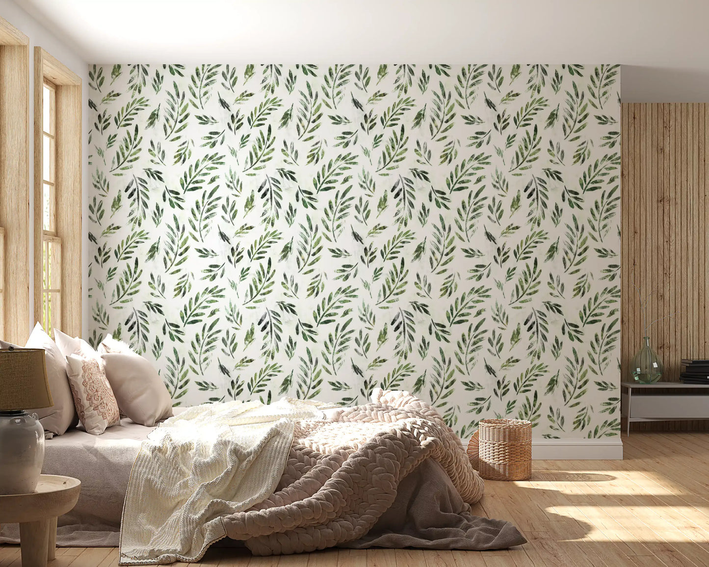 Papier peint botanique rustique à feuilles vertes