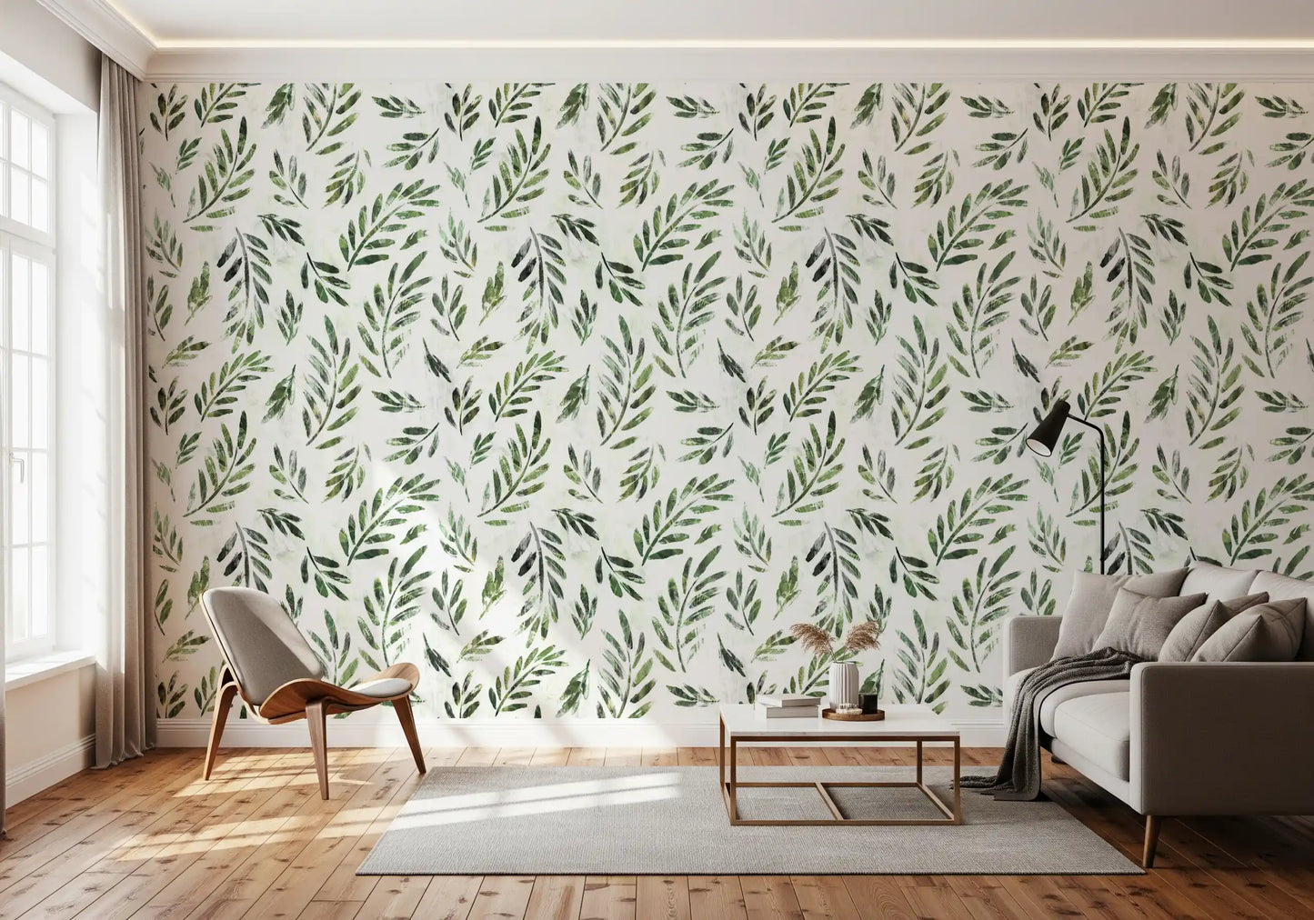 Papier peint botanique rustique à feuilles vertes
