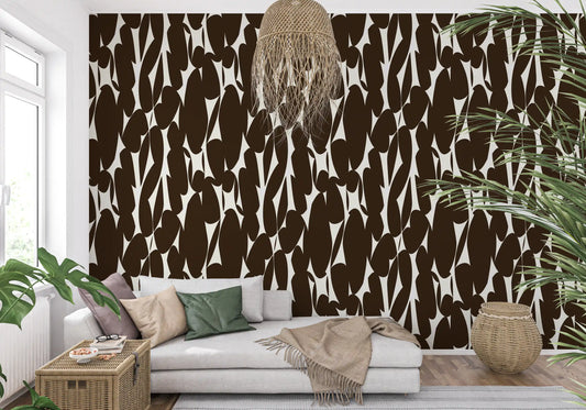 Papier peint à motifs abstraits de formes organiques brun foncé