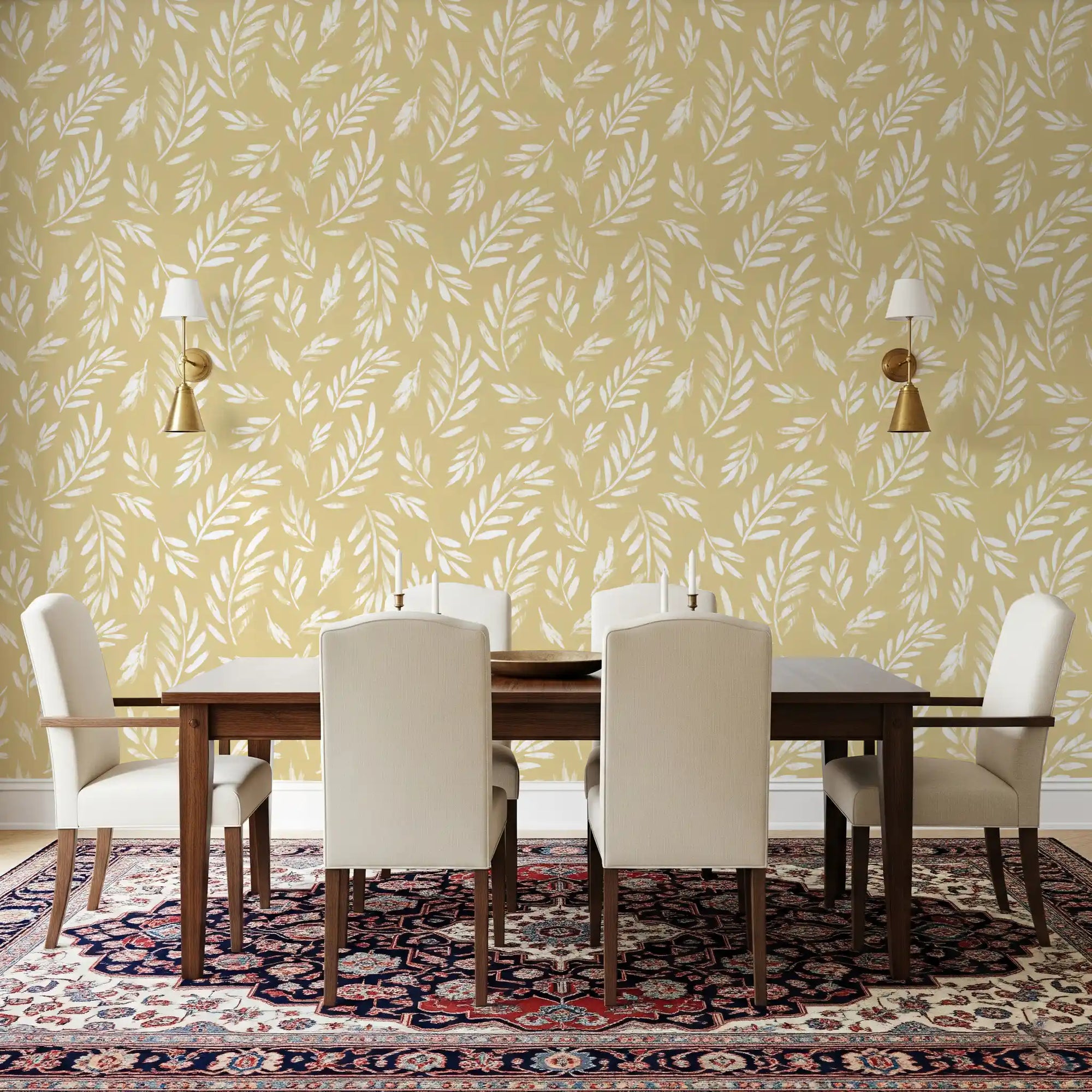 Golden foliage wallpaper warming a calm dining room GD11867