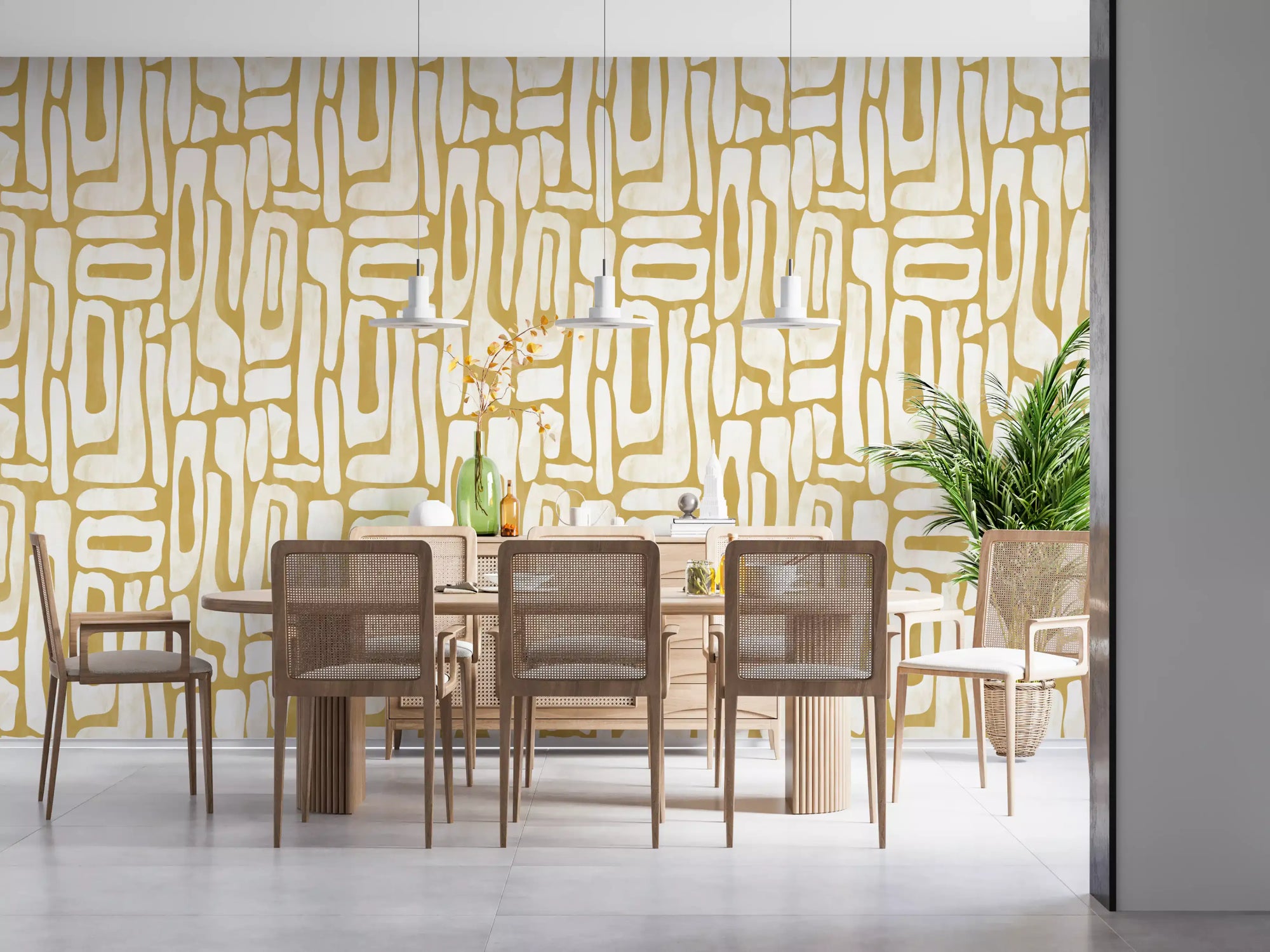 Dining room dressed in minimalist gold forms wallpaper GD11868
