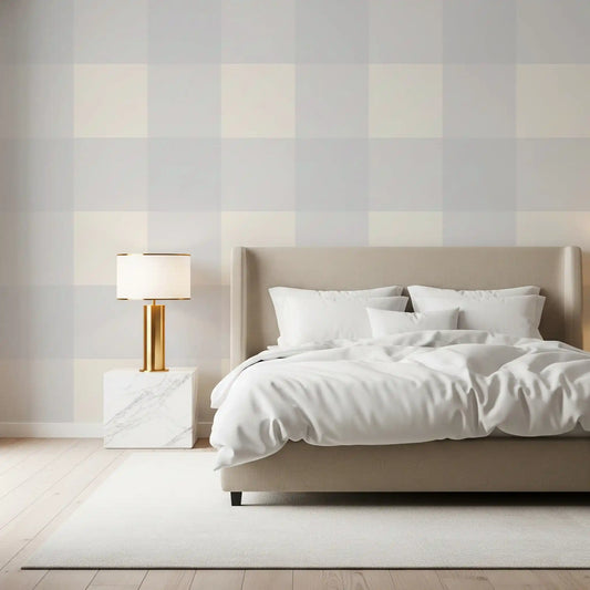 Bedroom seating against off-white check wallpaper in cream and stone GD11876