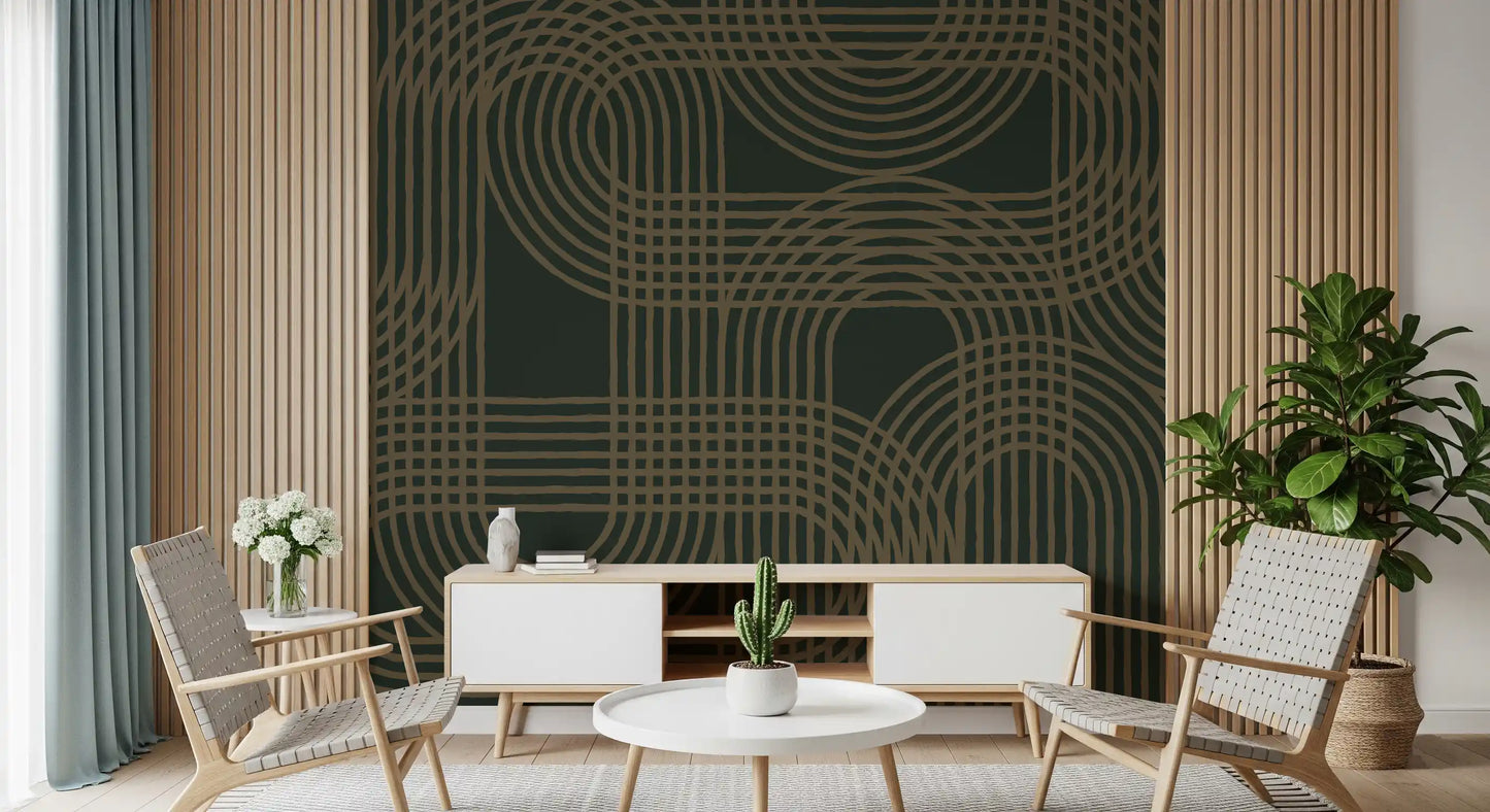Minimalistisk vægmaleri med bronzefarvet gittermønster