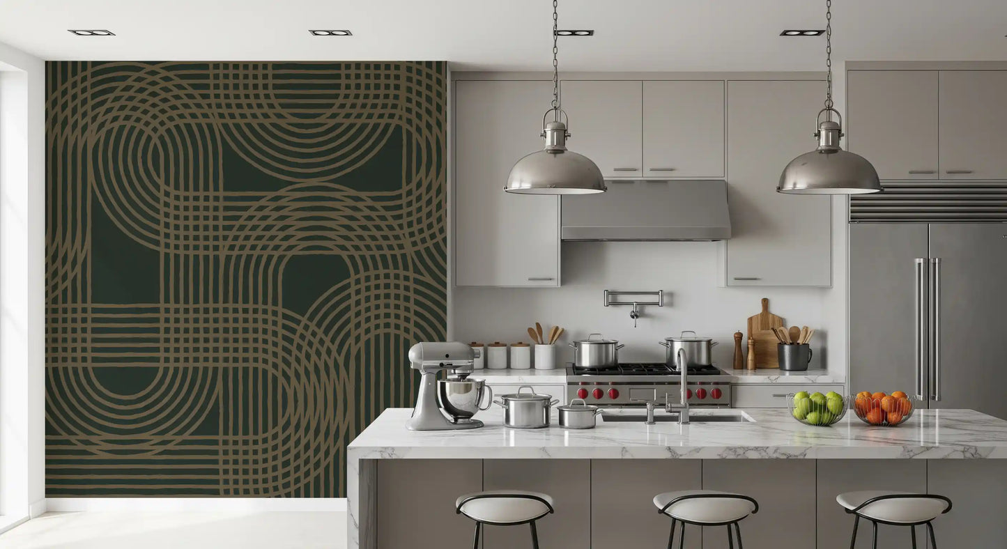 Minimalistisk vægmaleri med bronzefarvet gittermønster
