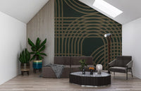 Minimalistisk vægmaleri med bronzefarvet gittermønster