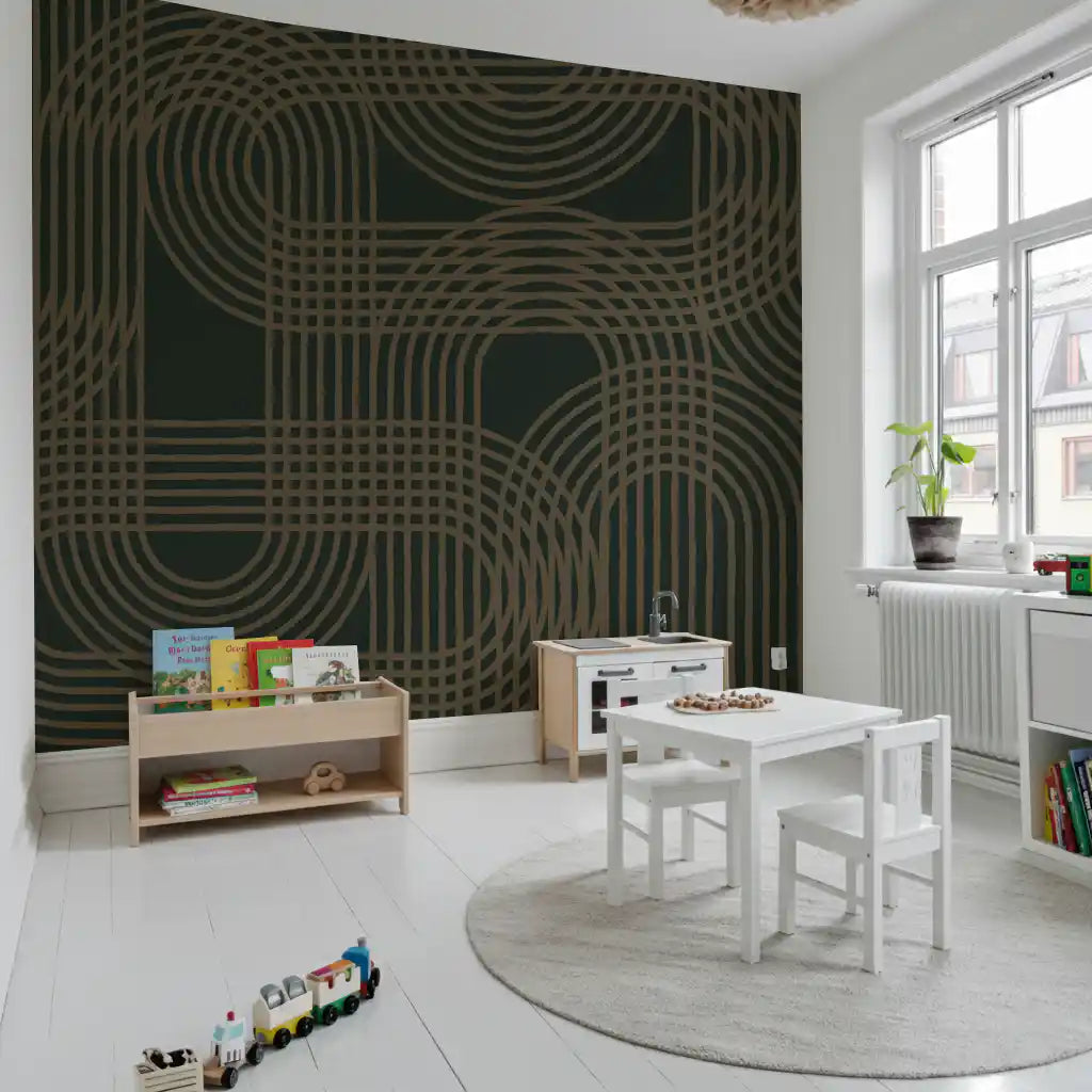 Minimalistisk vægmaleri med bronzefarvet gittermønster