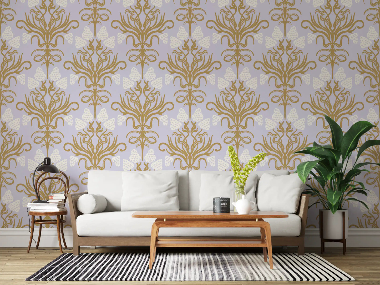 Art Nouveau-botanisk tapet i guld og lavendel