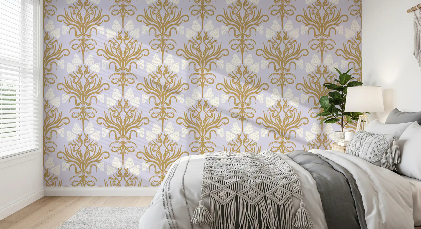 Art Nouveau-botanisk tapet i guld og lavendel