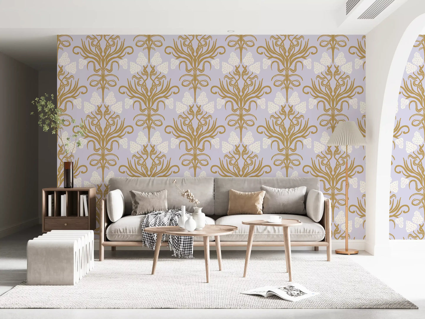 Art Nouveau-botanisk tapet i guld og lavendel