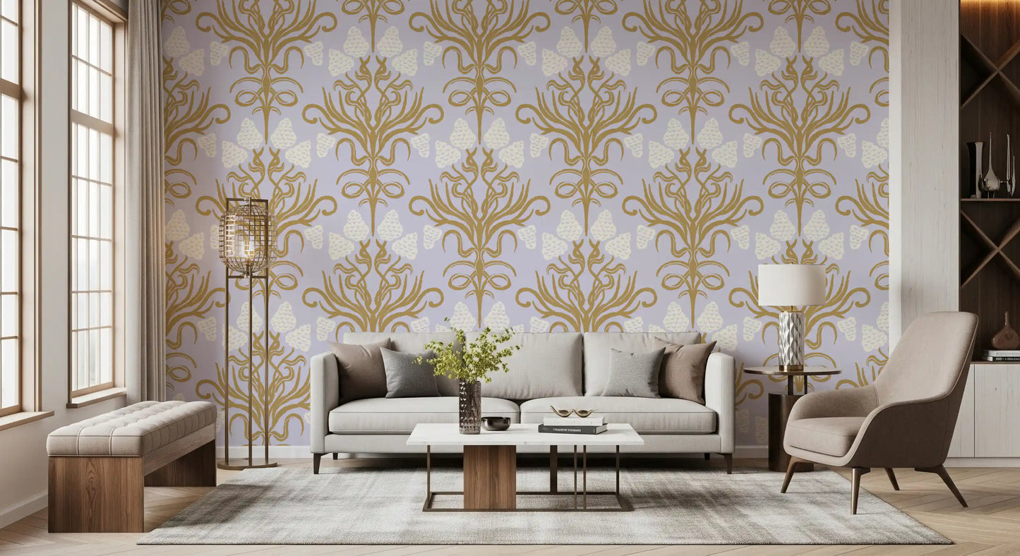 Art Nouveau-botanisk tapet i guld og lavendel