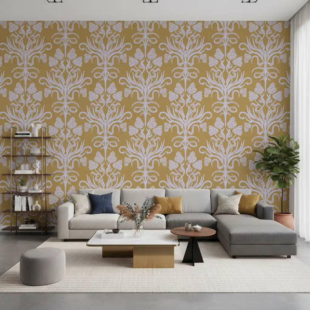 Golden Botanical Damask Motif Wallpaper⁠