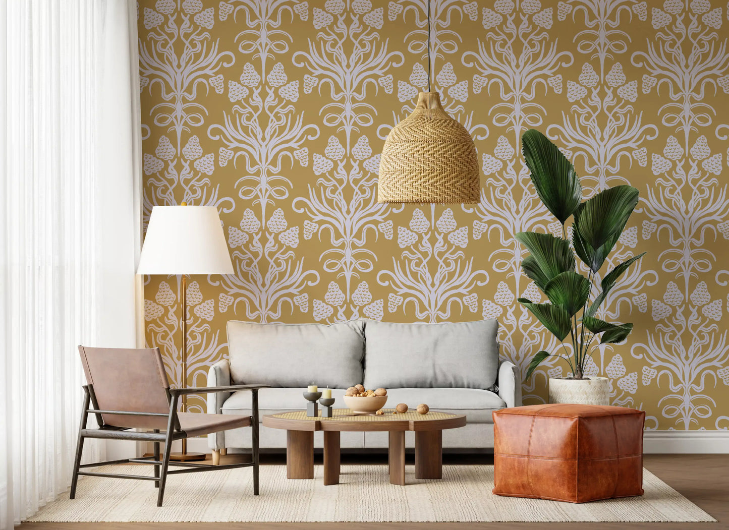 Golden Botanical Damask Motif Wallpaper⁠