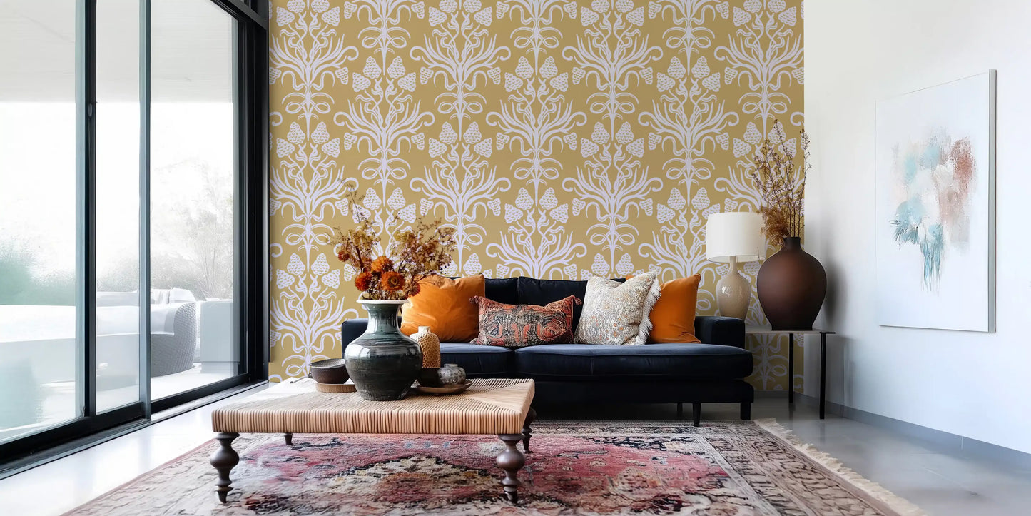 Golden Botanical Damask Motif Wallpaper⁠