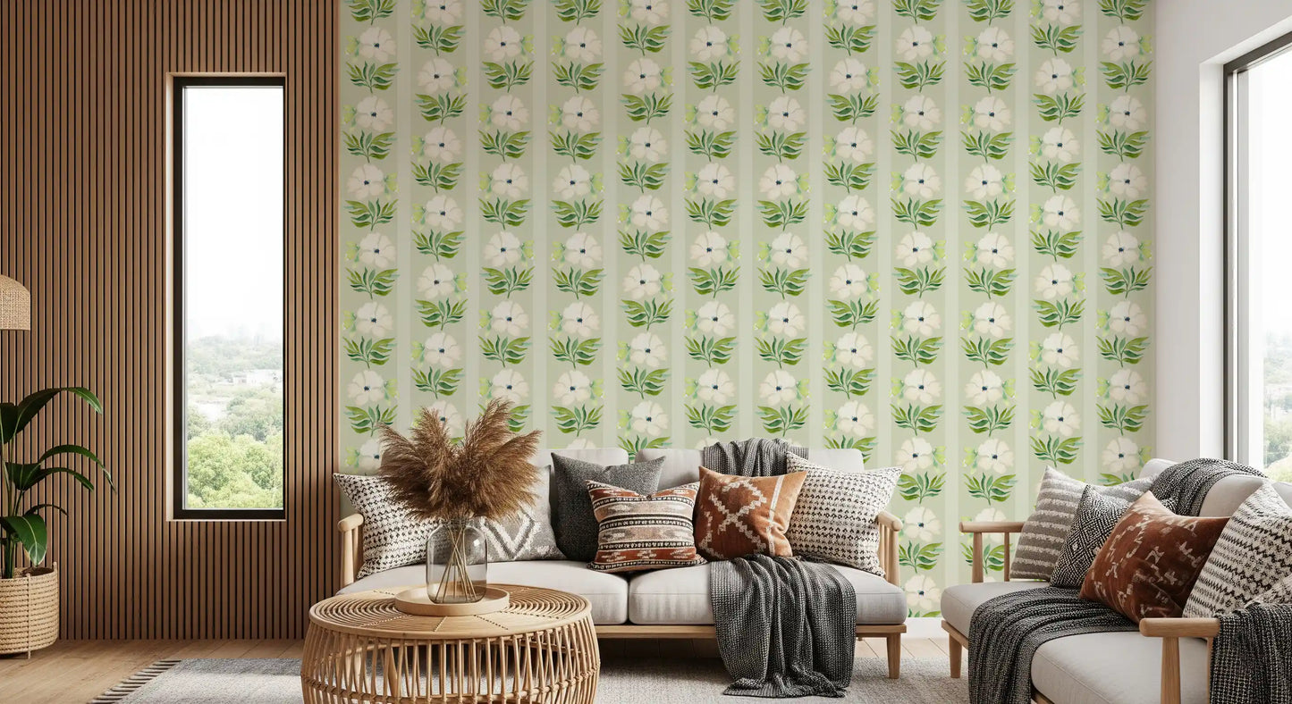 Watercolor Sage Floral Stripe Wallpaper⁠