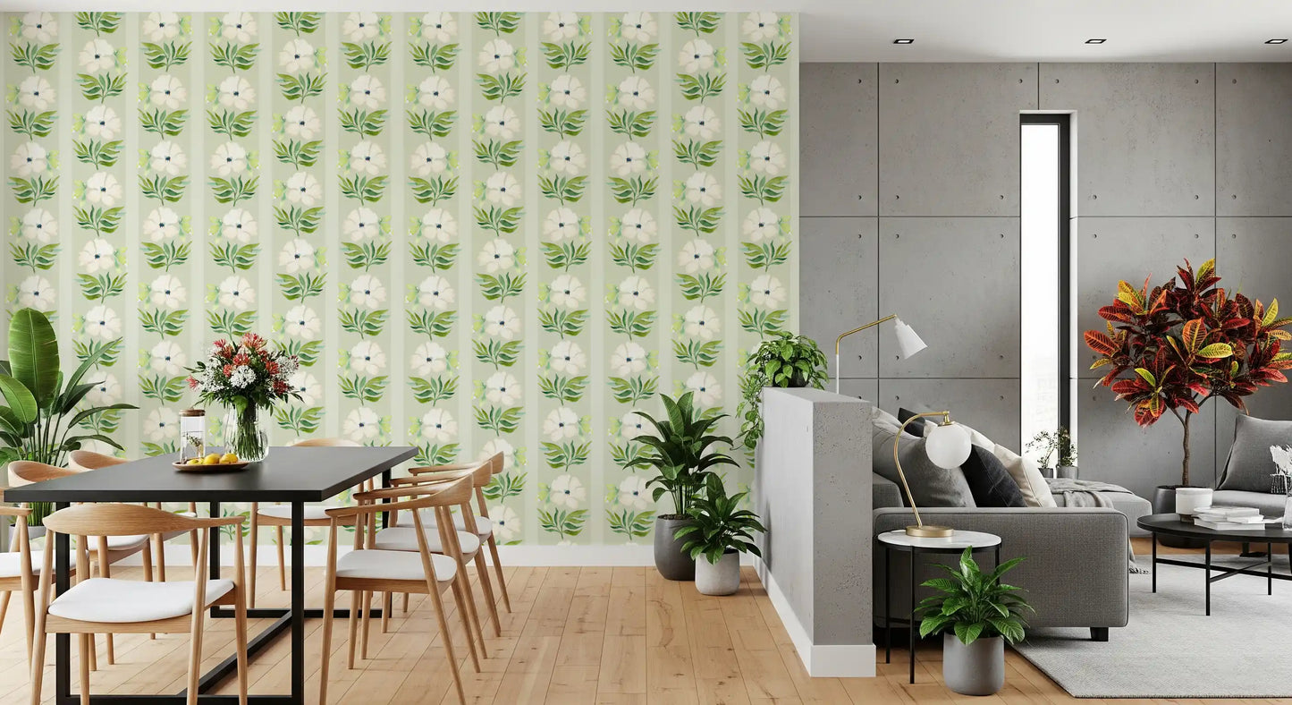 Watercolor Sage Floral Stripe Wallpaper⁠