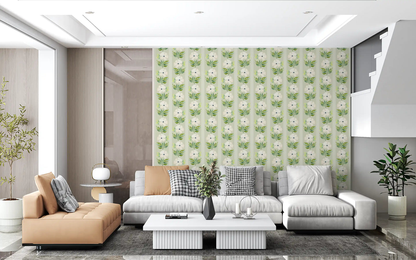 Watercolor Sage Floral Stripe Wallpaper⁠