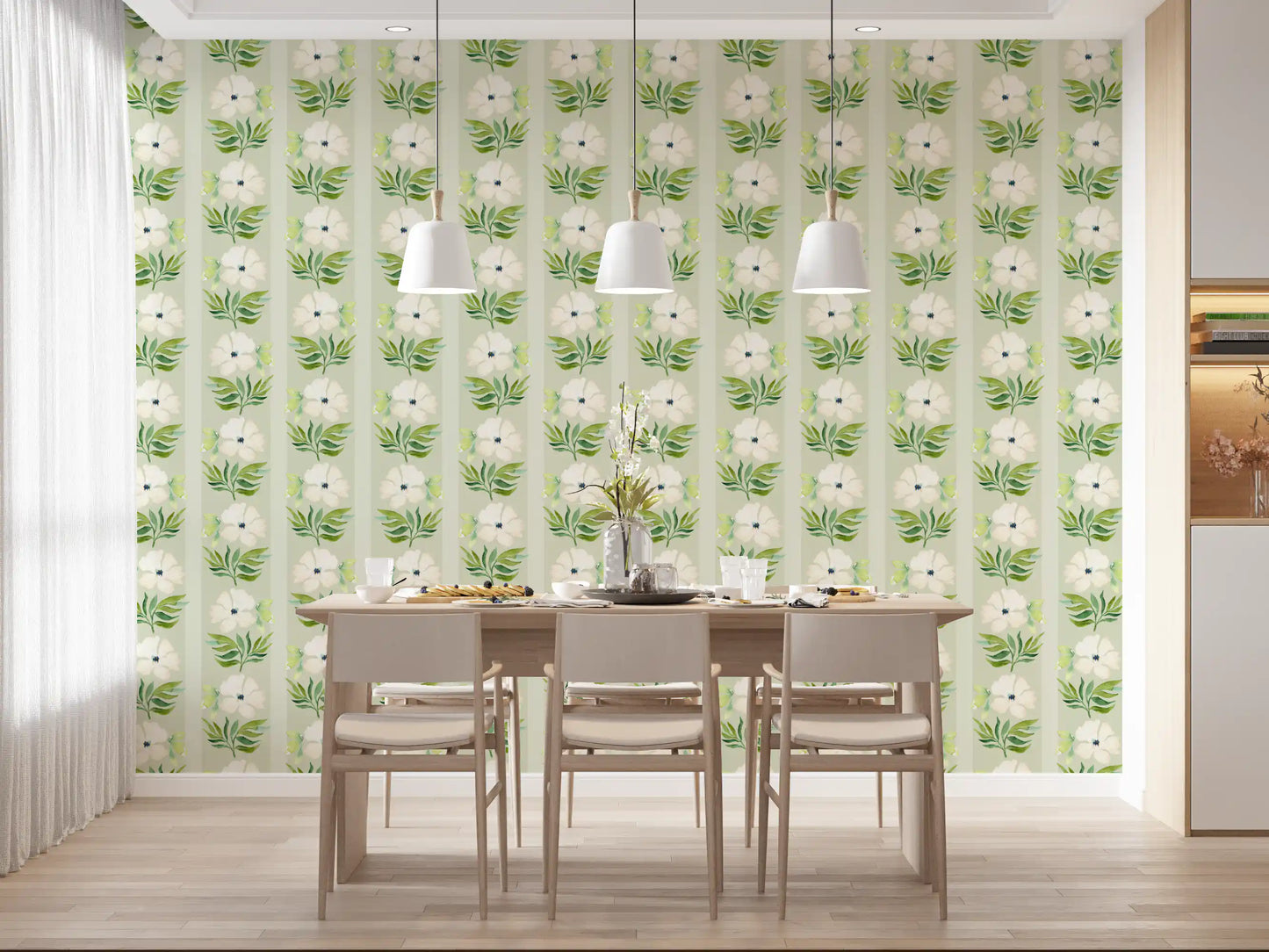 Watercolor Sage Floral Stripe Wallpaper⁠