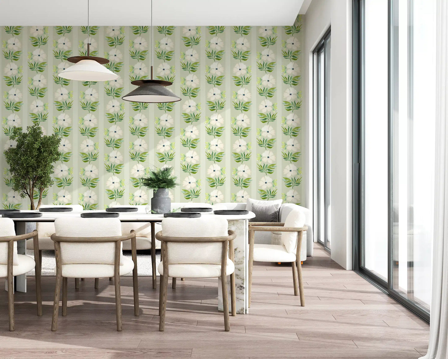 Watercolor Sage Floral Stripe Wallpaper⁠