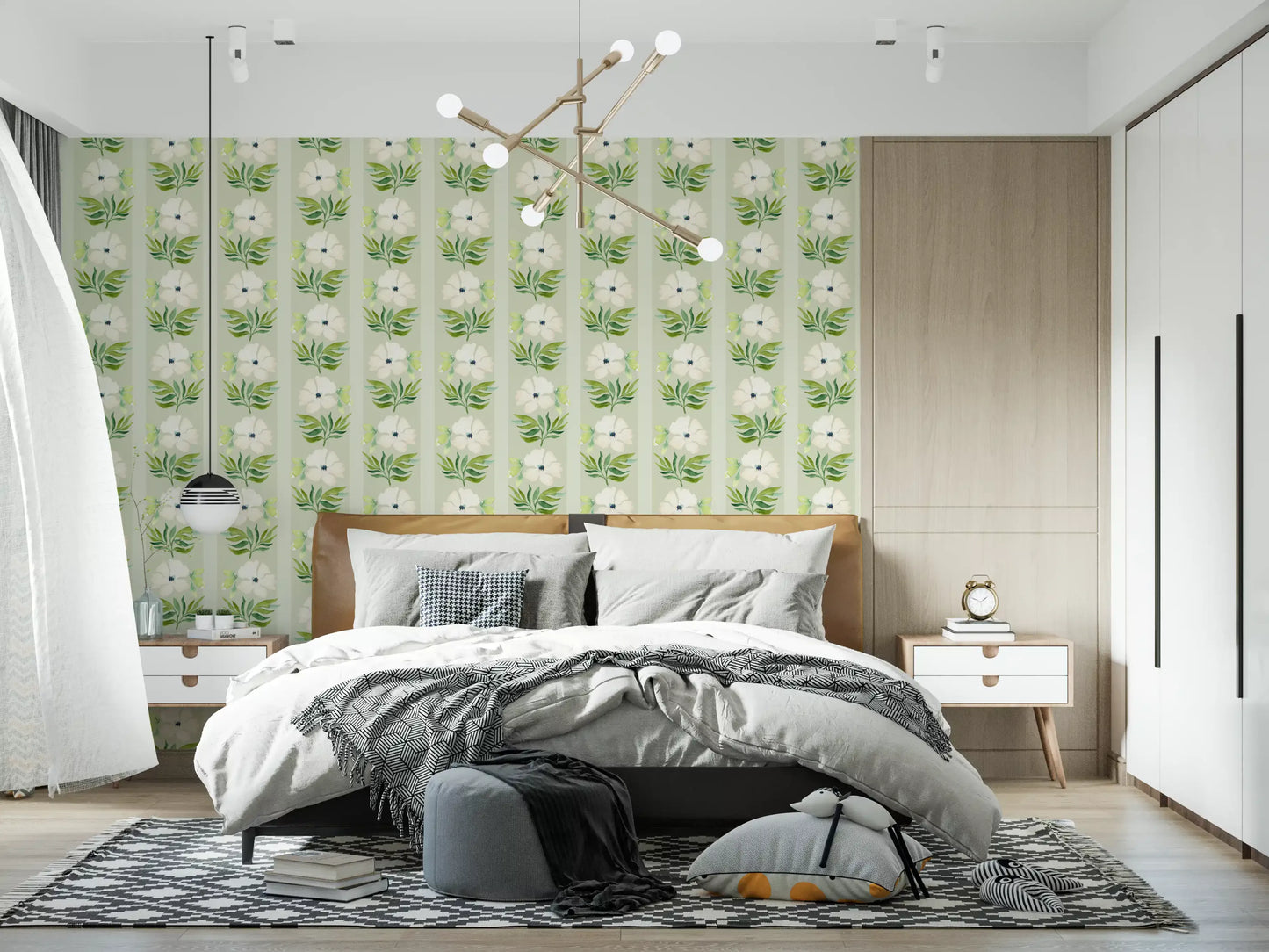 Watercolor Sage Floral Stripe Wallpaper⁠