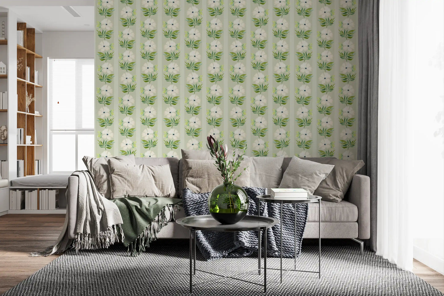 Watercolor Sage Floral Stripe Wallpaper⁠