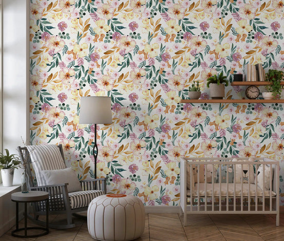 Blødt akvarelblomstermønster med engmotiv til væggen