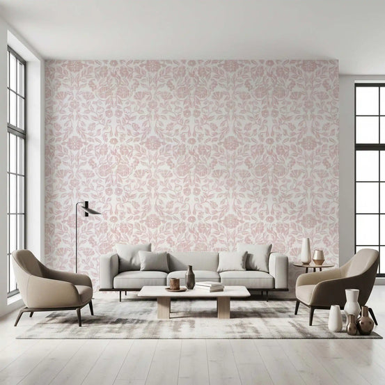 Blød botanisk tapet med tekstiltryk i blush-rosa