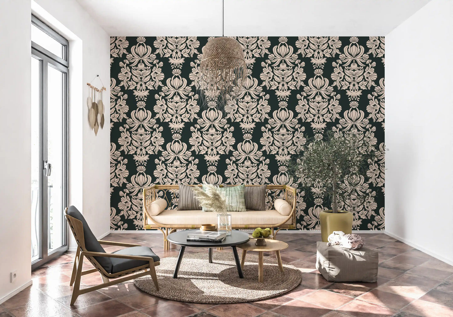 Creamy Damask Flora Wallpaper⁠